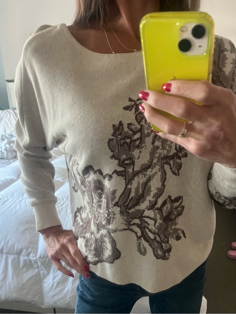 Off-the-Shoulder Beige Floral Knit Sweater